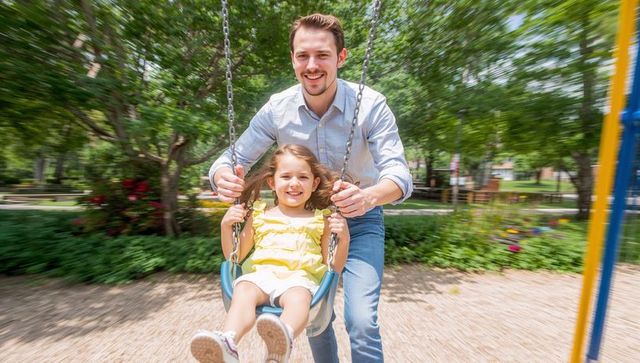 Young father pushing daughter on swing at sunlit park playground, joyful family bonding