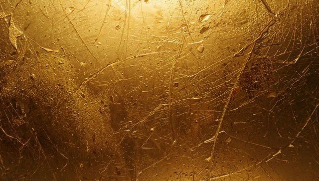 Illuminated golden textured surface with cracks and droplets