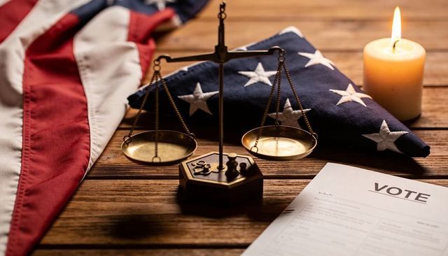 Brass scales weighing justice with american flag, ballot and candlelight for democracy