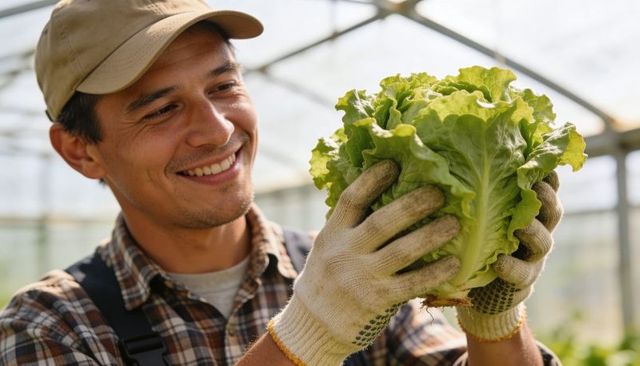 Smiling grower inspecting fresh head of lettuce in greenhouse wearing work gloves