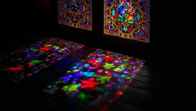Vibrant Stained Glass Casting Kaleidoscope Light on Chapel Floor
