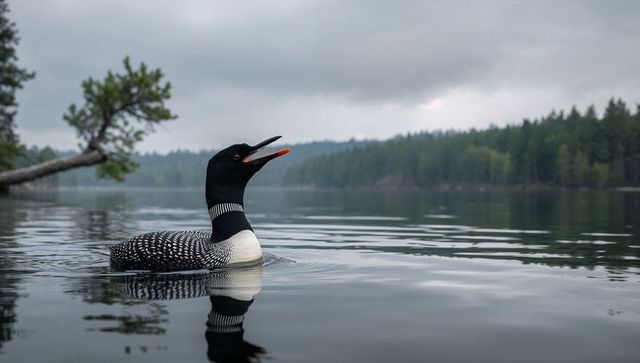 Solitary common loon floating on calm boreal lake with vivid reflection and calling
