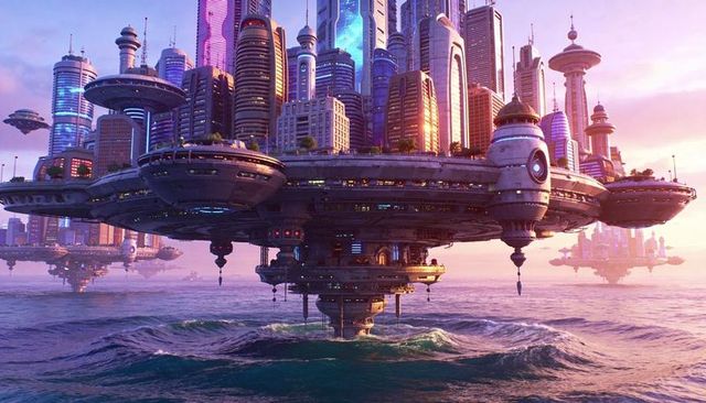 Hovering futuristic megacity over ocean at sunset with neon towers and docking bays