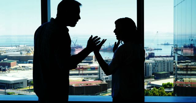Silhouette of couple arguing near the window in office
