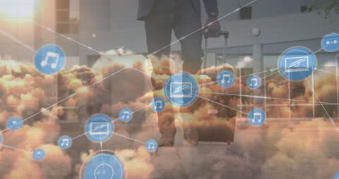 Digital Connections and Businessman with Suitcase Over Clouds