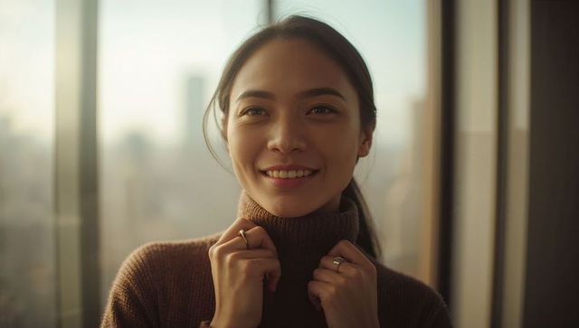 Smiling asian woman adjusting brown turtleneck by high-rise window during golden hour