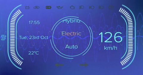 Futuristic electric car interface display with data visualization