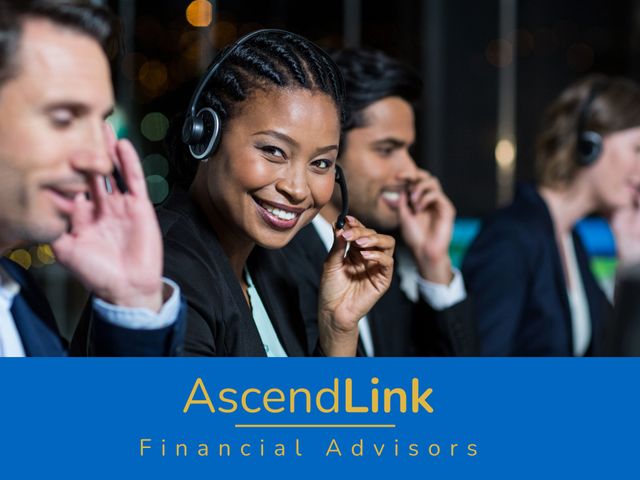 Image depicts a team of smiling financial advisors wearing headsets and ready to provide professional consultation assistance. Great for use in advertisements, websites, or brochures related to financial services, consultancy firms, customer service promotions, or business solutions. Reflects a friendly and professional atmosphere ideal for attracting clients seeking trustworthy financial guidance.