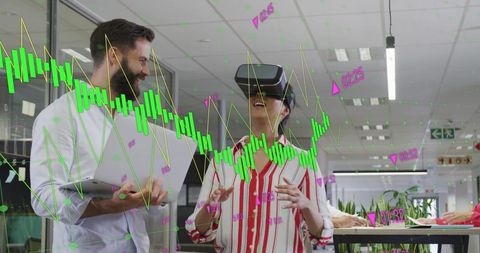 Team Discussing Financial Metrics Using Virtual Reality in Modern Office