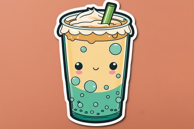 This adorable kawaii bubble tea cartoon with a smiling face and bubbles can be used as sticker design, social media graphic, children's illustrations, or in print material targeting a younger audience. Bright colors and cute expression make it perfect for kid-friendly content, marketing for bubble tea shops, or any creative project needing a whimsical touch.