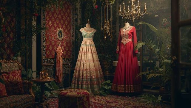 Vintage boutique display with ornate embroidered gowns and chandelier