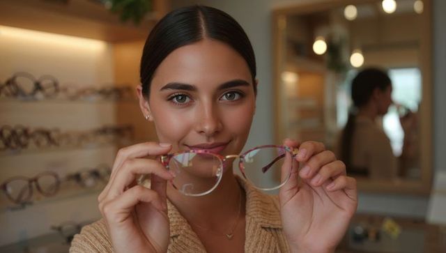 Young woman presenting pink eyeglass frames in boutique mirror reflection warm lifestyle portrait