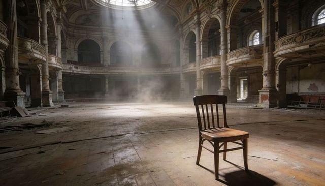Solitary wooden chair casting shadow in sunlit abandoned grand auditorium