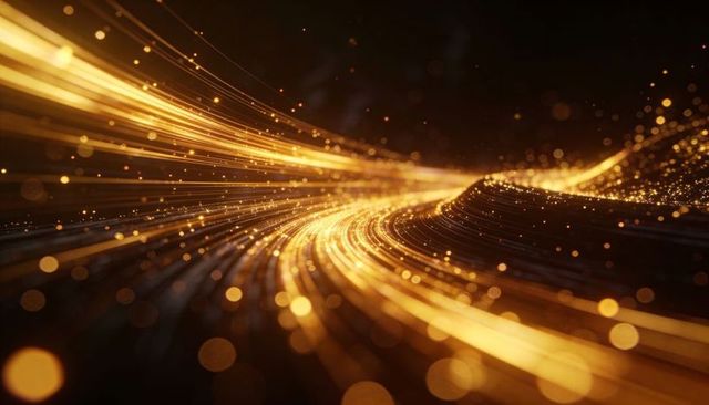 Sweeping golden light ribbons flowing through dark space with glowing particle trails
