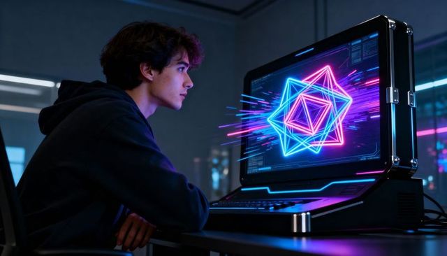 Young programmer focusing on rugged neon workstation with futuristic geometric display