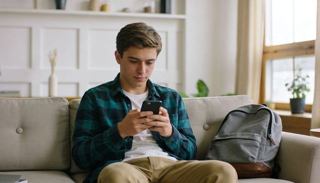 Teenager using smartphone on sofa with backpack in bright modern living room, tech lifestyle