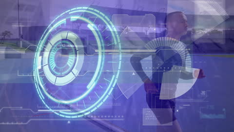 Man Running with Futuristic Digital Interface Overlay