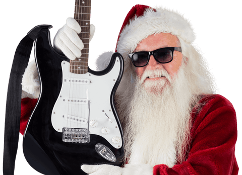 Transparent Santa Claus Holding Guitar in Festive Cheer