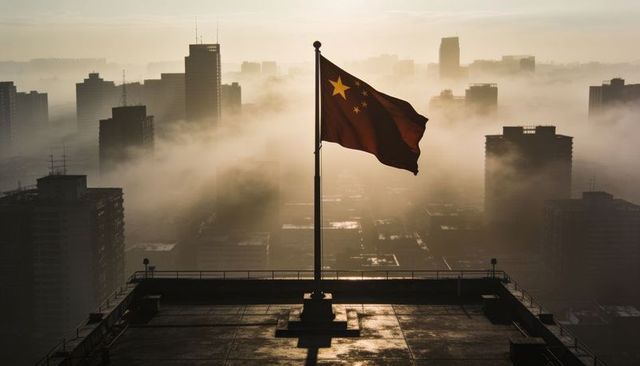 Chinese flag waving over foggy urban skyline at sunrise rooftop silhouette and mist
