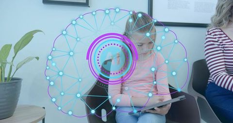 Young girl using tablet with ai network overlay in waiting room for digital learning