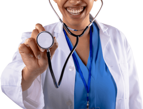 Smiling doctor holding stethoscope on transparent background