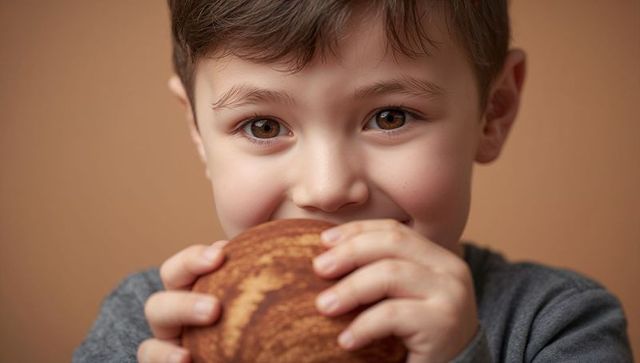 Closeup smiling boy biting swirled pastry while holding roll against warm tan background