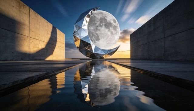 Mirrored geometric crescent cradling full moon reflecting in water channel at sunset