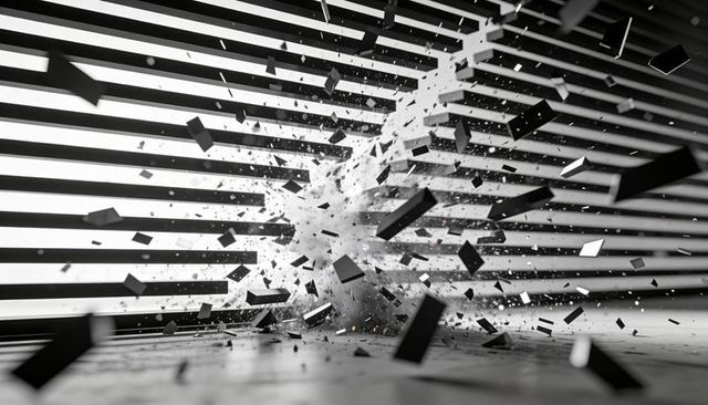 Monochrome explosion shattering slatted wall with flying debris and dramatic striped light