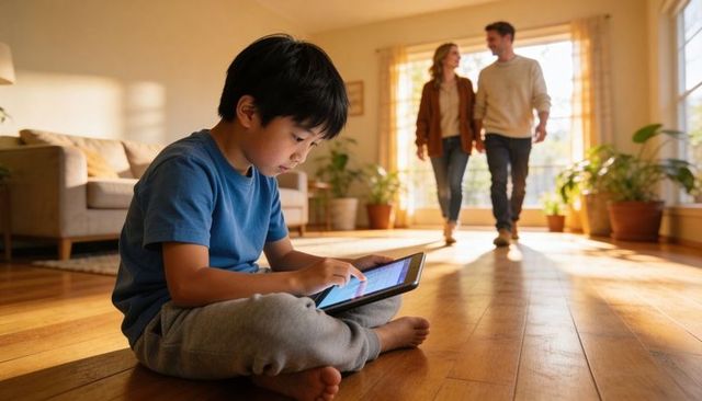 Young boy sitting on hardwood floor using tablet as parents walk through sunlit living room