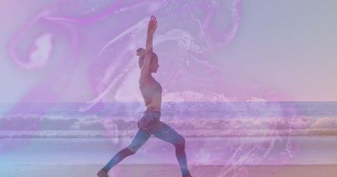 Peaceful Yoga on Beach at Sunrise with Abstract Overlay - Download Free Stock Images Pikwizard.com