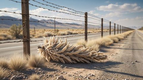 Dried tumbleweed beside barbed wire fence in desert landscape