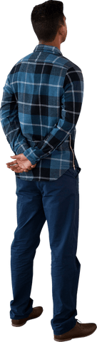 Rear view of man in blue plaid shirt on transparent background