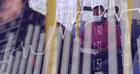 Businessman on bus analyzing digital financial data concept