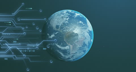 Digital Network Paths Engaging with Spinning Earth Globe