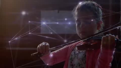 Young Violinist Practicing Under Futuristic Digital Influence