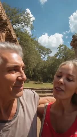 Smiling senior couple posing for vertical selfie in sunny park with ancient ruins backdrop