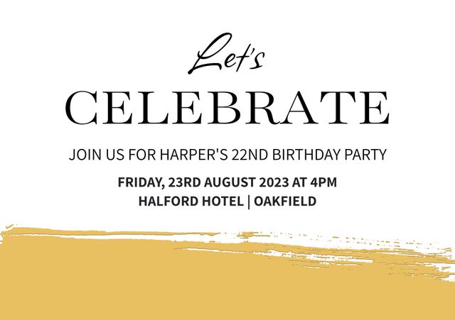 Elegant birthday party invitation featuring decorative text announcing the celebration. Includes specific details about the date, time, and venue with a stylish yellow paint stroke on a white background. Ideal for use in event planning, birthday announcements, social media posts, and party invitations.