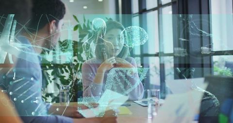 Innovative business meeting with digital interface visualization
