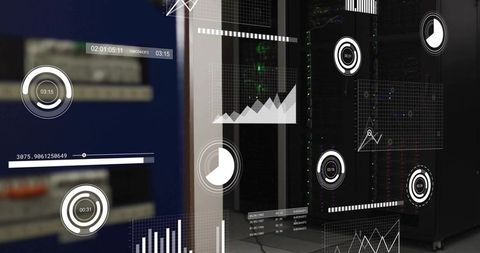 Futuristic Data Center with Digital Analytics Interface