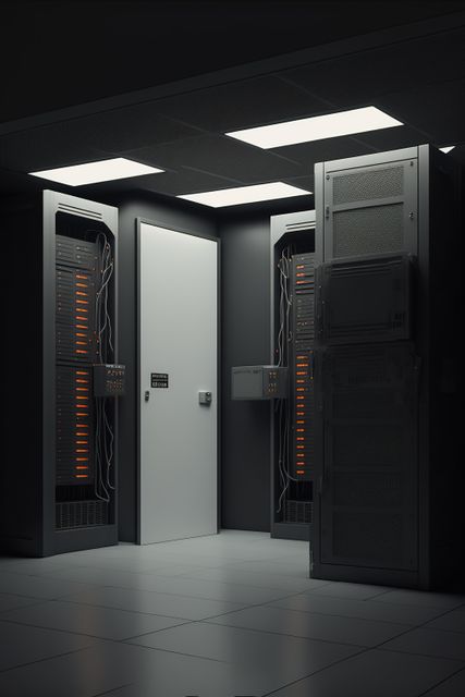 Depicts modern data center with organized server racks, emphasizing importance of security in technology environments. Useful for illustrating concepts related to IT infrastructure, data management, technology security, and modern business environments.