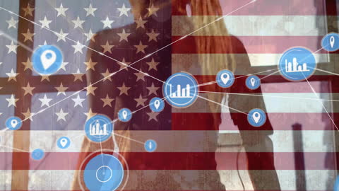American Flag with Network Visuals Overlay on Active Woman