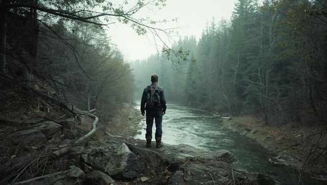 Solitary hiker standing on rock overlooking misty river in evergreen forest
