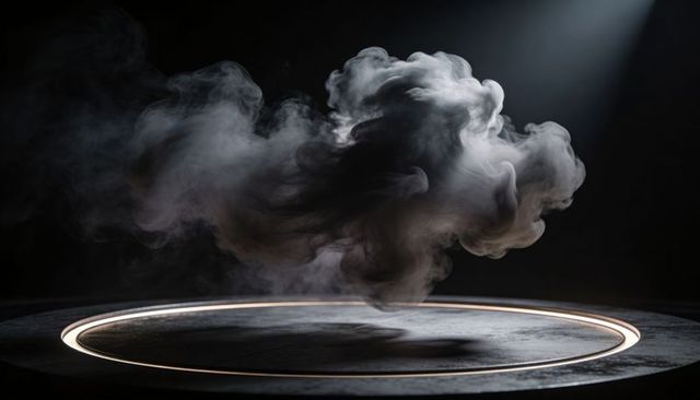Billowing smoke hovering above ring-lit pedestal with dramatic spotlight, moody