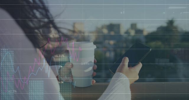 Image of graphs, numbers, midsection of caucasian woman holding coffee cup and using cellphone. Digital composite, multiple exposure, report, digits, drink, abstract and technology concept.
