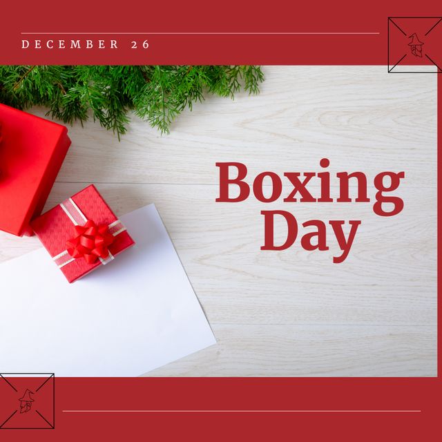 Perfect for holiday cards, social media posts, or marketing materials. Features Christmas-themed decorations and gifts with a text overlay of 'Boxing Day' set against a festive background.