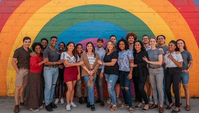 Multicultural group standing together against vibrant rainbow brick mural