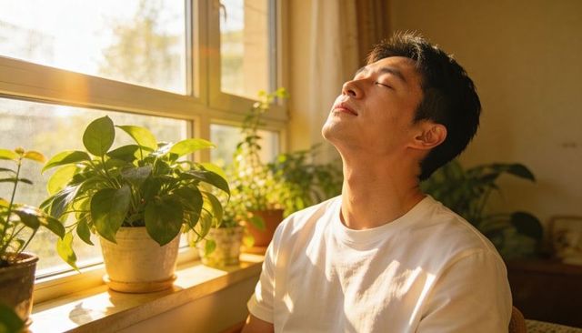 Asian man basking in warm sunlight by window with lush houseplants, gentle morning calm