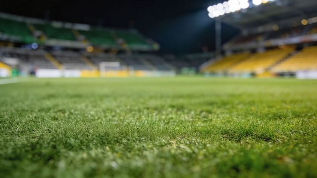 Gleaming stadium turf at night with soccer goal and floodlights