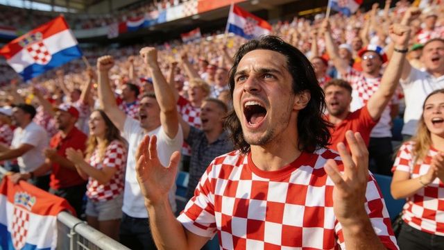 Croatian football fans cheering wildly in stadium wearing red white checkered jerseys