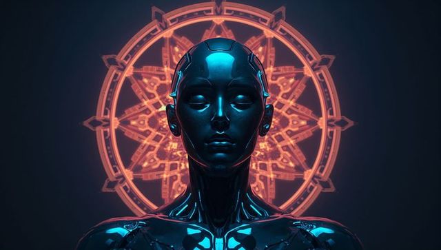 Futuristic Metallic Android with Glowing Mandala Circle